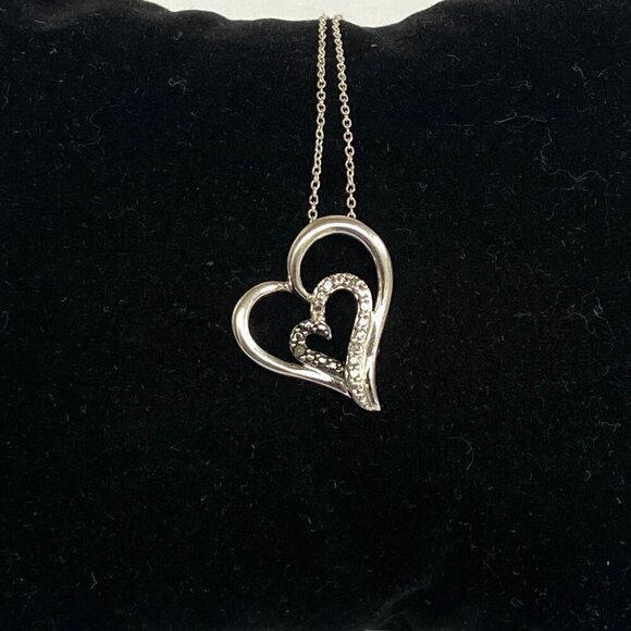 Sterling Silver 925 Diamond Open Heart Asymmetric Pendant Necklace 18" Chain - Picture 12 of 16